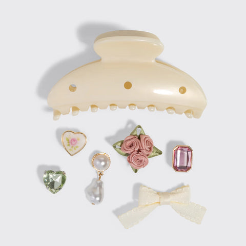 KitschPop™️ Curved Claw Clip & Charms in Pearlized Cream